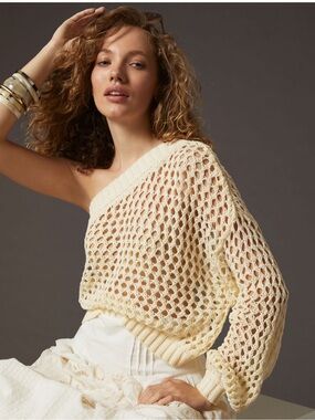 Anthropologie Cream Open-Weave One-Shoulder Crochet Sweater